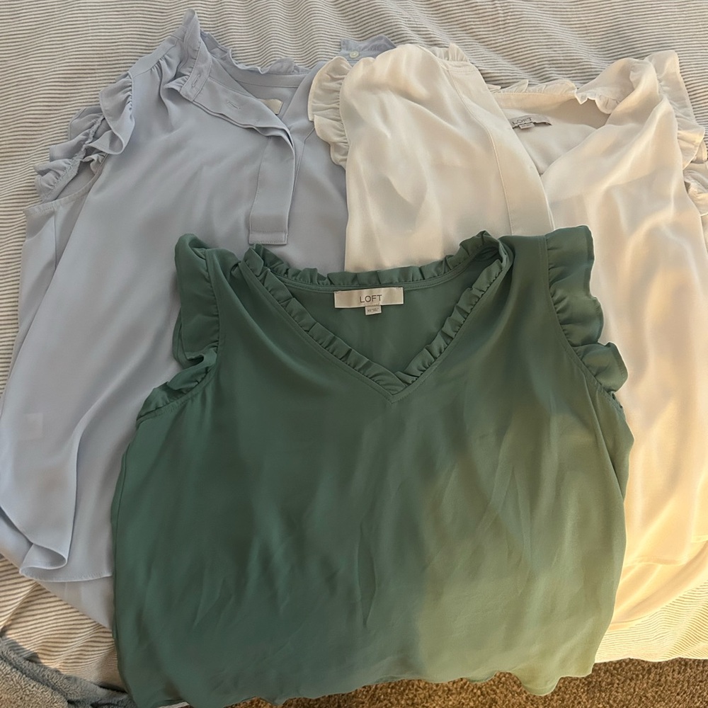 LOFT Women's Ruffle Sleeve Blouses - Green, White, Light Blue